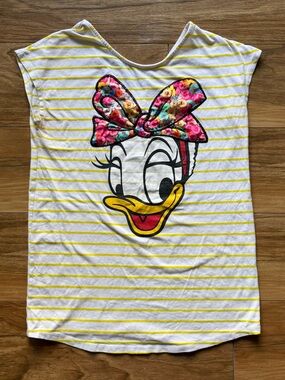 Disney Daisy Duck x Fruit Loops Bow Tee Shirt Size M/L White Yellow Striped